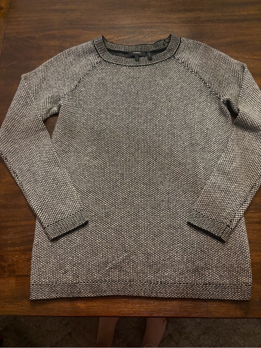 Theory Soft Cashmere Textured Knit Crewneck Sweater Black Cream Size S
